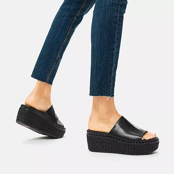 Sandales À Plateforme FitFlop ELOISE Espadrillas Cuir Wedge Noir | 18488405
